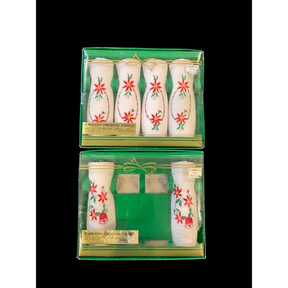 Other - Vintage Set of 6 Embroidered Poinsettia Holiday Fingertip Towels w/ Gift Box